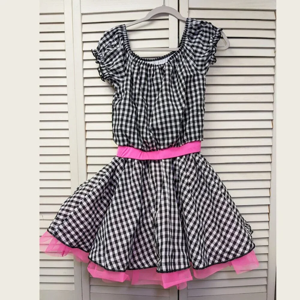 WEISSMAN Sock Hop Character Dress in Black & White Gingham with Hot Pink Accents